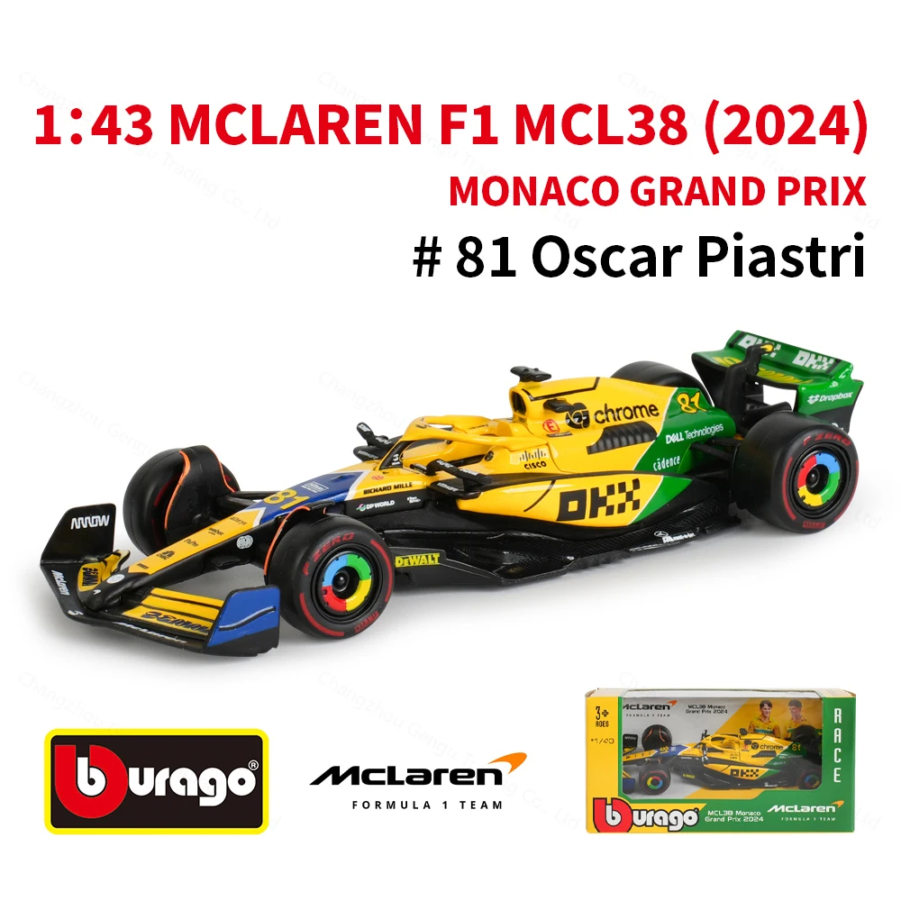Bburago 1:43 2024 Mclaren MCL38 Miami Monaco F1 Formula Car Die Cast Vehicles Collectible Model Racing Toys 2