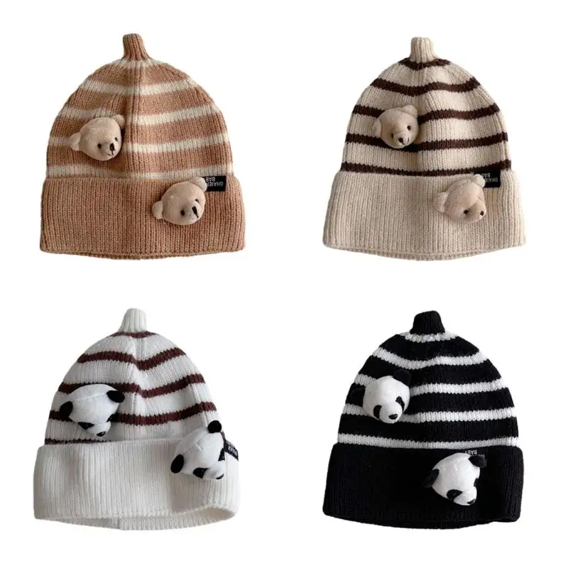 

Autumn Winter Cap Children Knitted Stripe Hat with Cartoon Animal Design