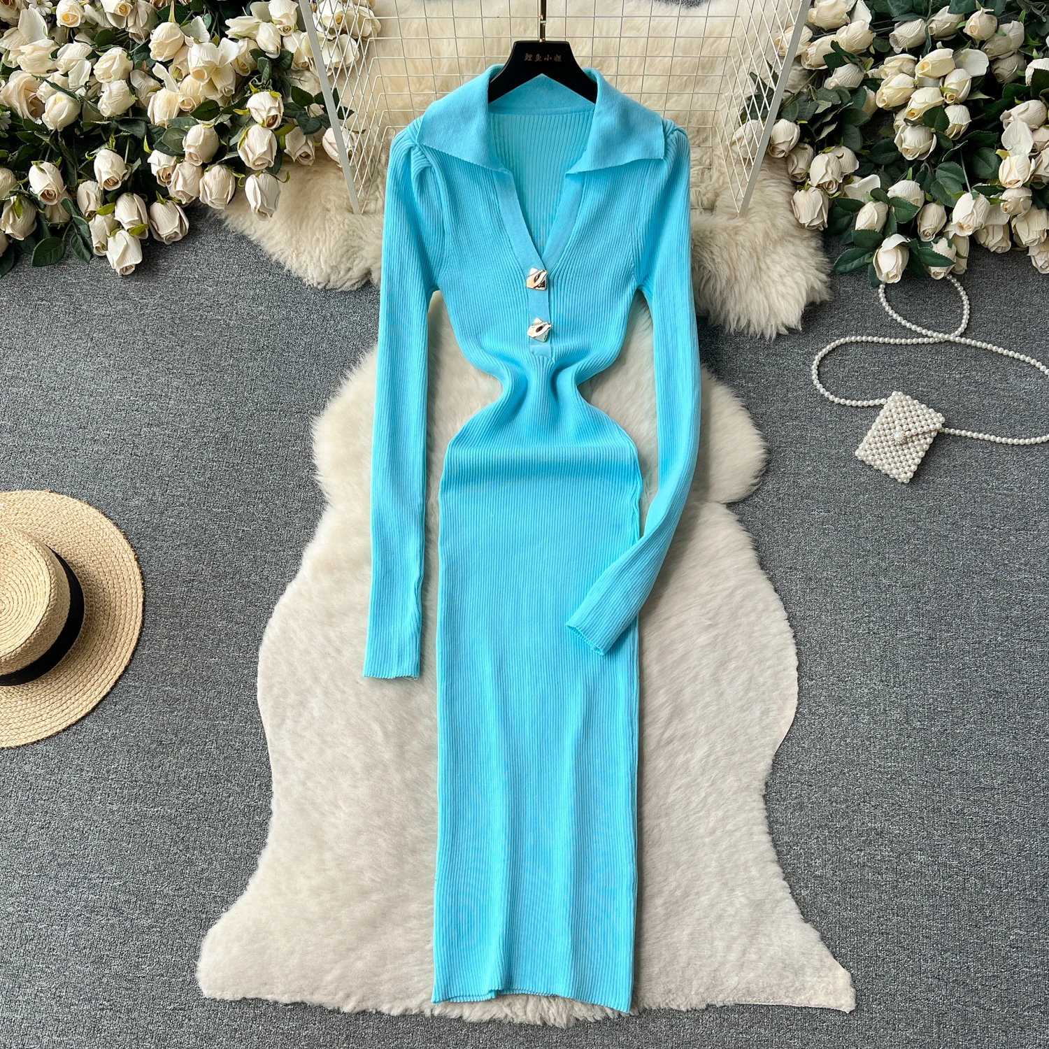Mock Neck Slim-Fit French Luxury Knitted Dress