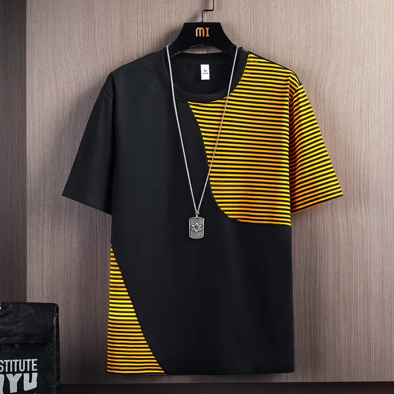 

Short sleeved T-shirt for men's 2023 summer new trend men's striped bottom shirt T-shirt for men's Hong Kong style pure cotton T