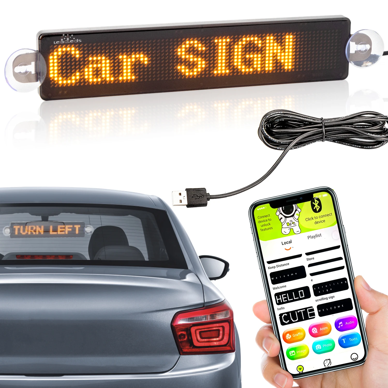 Bluetooth-Compatible CAR LED Sign Display Blue Text APP Control Programmable Scrolling Message Board SMD LED Display Screen 23CM