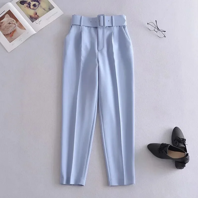 

Autumn Winter New Solid Color High Waist Sashes Slim Appear Thin Fashion Simplicity Women's Casual Straight Cropped Pants