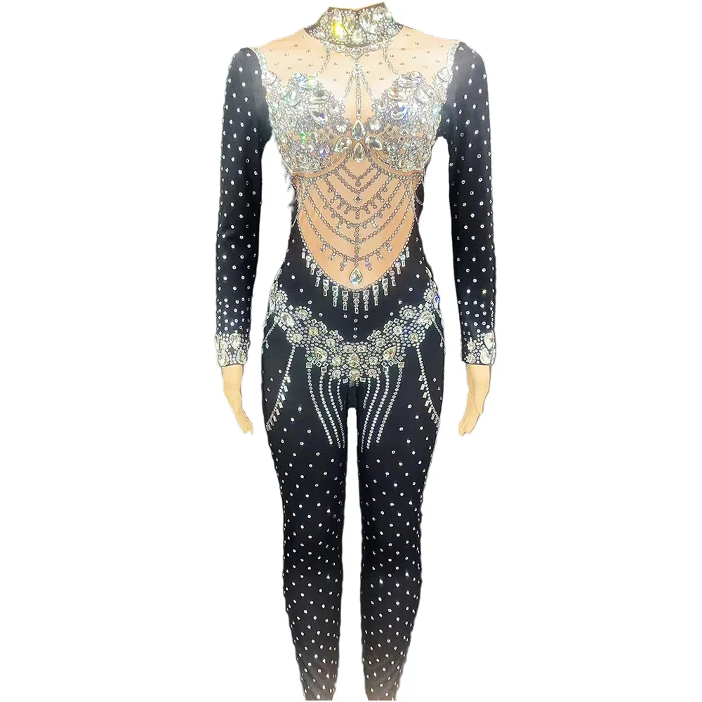 

Shining Rhinestones Crystal Sparkly Sequins Sexy Women Black Jumpsuits Pole Dance Stage Costume Party Nightclub Bar Clothing