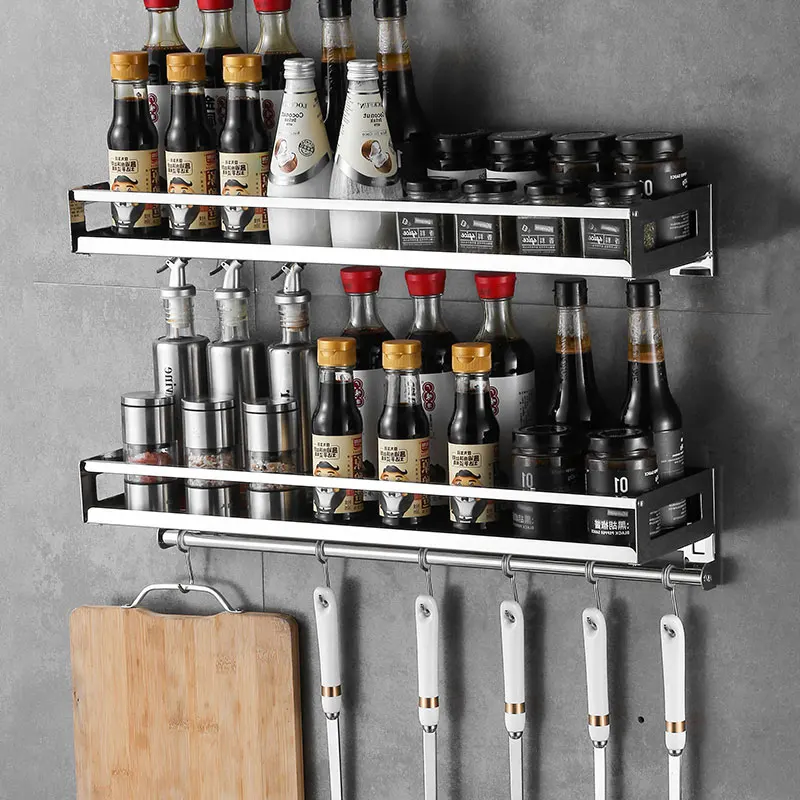 

Kitchen shelf wall mount no punch 304 stainless steel wall mount hanging rod put seasoning shelf storage box