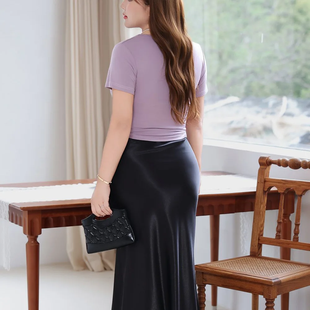 Plus Size Women Swing Collar Short Sleeved Tops Premium Summer Stylish Fold Waist Slim Tees Fashion Solid Color T-Shirt 9245