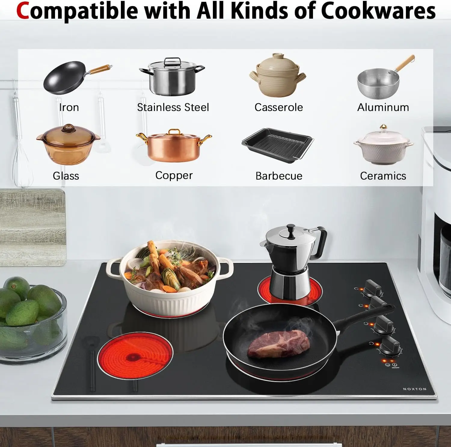 30 Inch 4 Burners Electric Cooktop Built-in 30" Radiant Electric Ceramic Stove Top with Glass Protection Metal Frame Knob Control