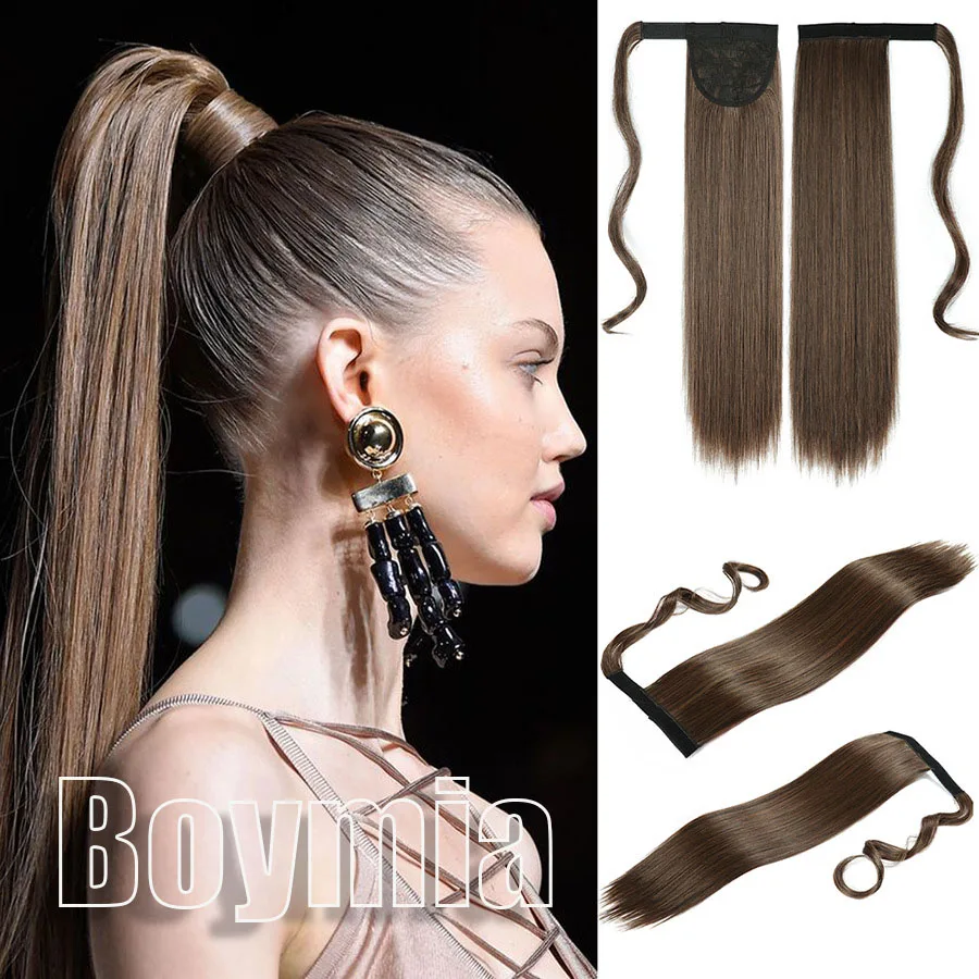 

22Inch Long Straight Ponytail Hair Synthetic Extensions Heat Resistant Hair Wrap Around Pony Hairpiece for Women BOYMIA
