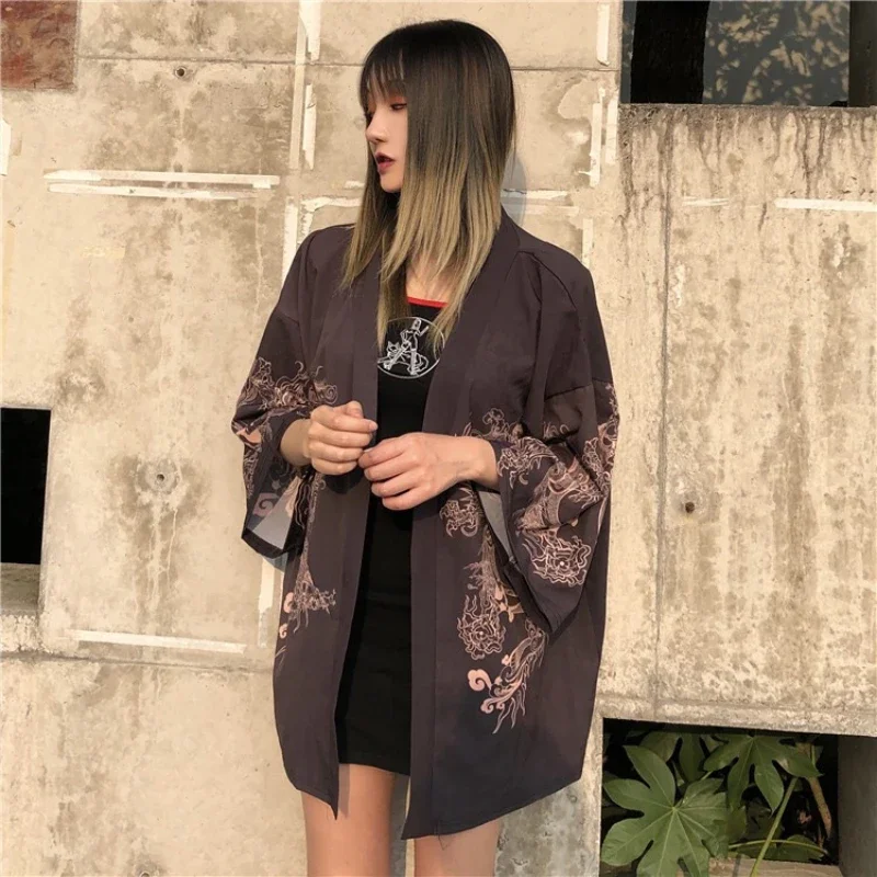 Dragon Japanese Kimono Cardigan Kimono Haori for Woman Man Loose Thin Black Outer Garment Women Casual Yukata Streetwear