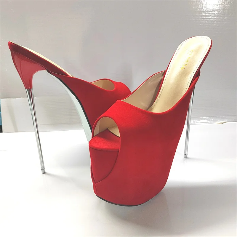 Women Summer Slippers 19cm Metal Extreme High Heels Platform Sandals Black Red Luxury Sexy Mules Strippers Party Shoes