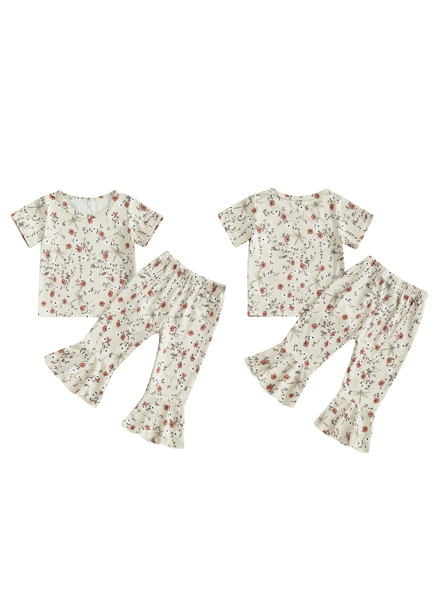 Girls Summer Outfits Adorable Floral Print Short-Sleeve Top and Elastic Flare Pants Set for a Stylish Look Perfect 2-Piece 2