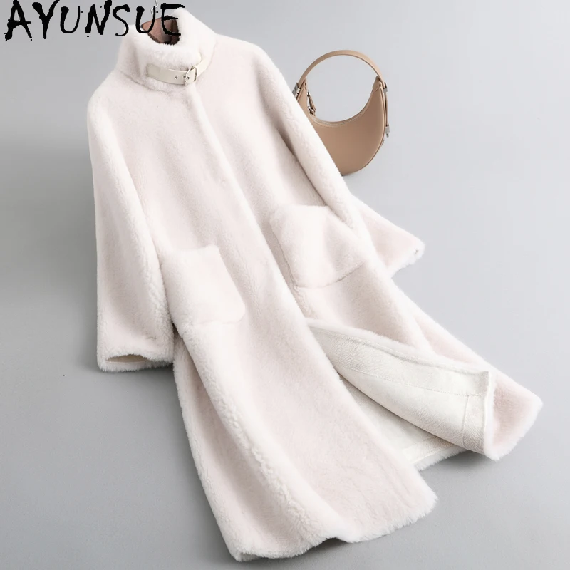 

AYUNSUE Elegant 100% Sheep Shearing Jacket Women Long Fur Coat Winter Warm Wool Jackets Standing Collar Menteaux Femme Hiver