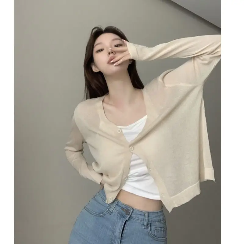 

Вязаный кардиган ярких цветов для ранней осени, свободная дизайнерская рубашка с защитой от солнца, Тонкий Топ, женская одежда