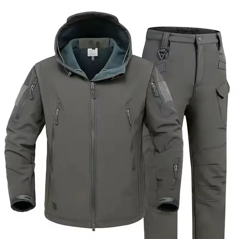 Winter Thicken Men Camo Suit Waterproof Tactical Training Set Multi-pocket Hooded Jacket Fleece Pants Outdoor Hunting 2-piece 4