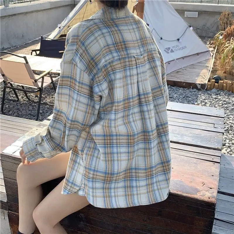 Shirt High Quality Lattice American Retro Fashion Street Women Shirt Summer New Casual Loose Slim Shirt Plaid Long-Sleeved Top