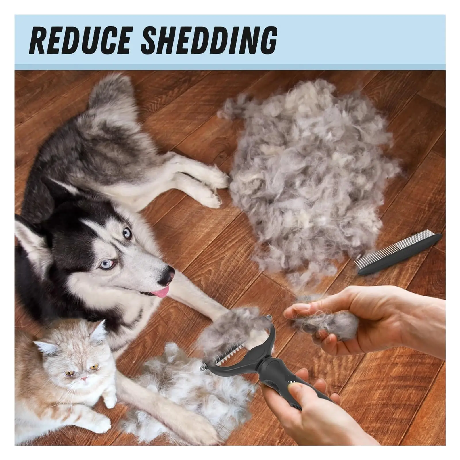 Pet grooming brush and metal comb combo, cat brush dog brush removal, undercoat rake, pet grooming supplies, long-haired pet 5