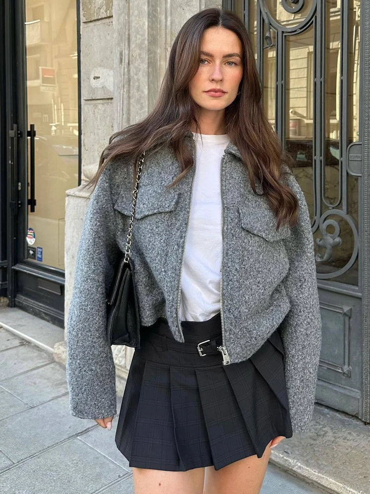 Sb8815658c829467c9a7ac5563be91906W Spring Turn-down Collar Cropped Jacket For Women Elegant Warm Short Coats Female Street Zipper Long Sleeve Pocket Outerwear Mallzona