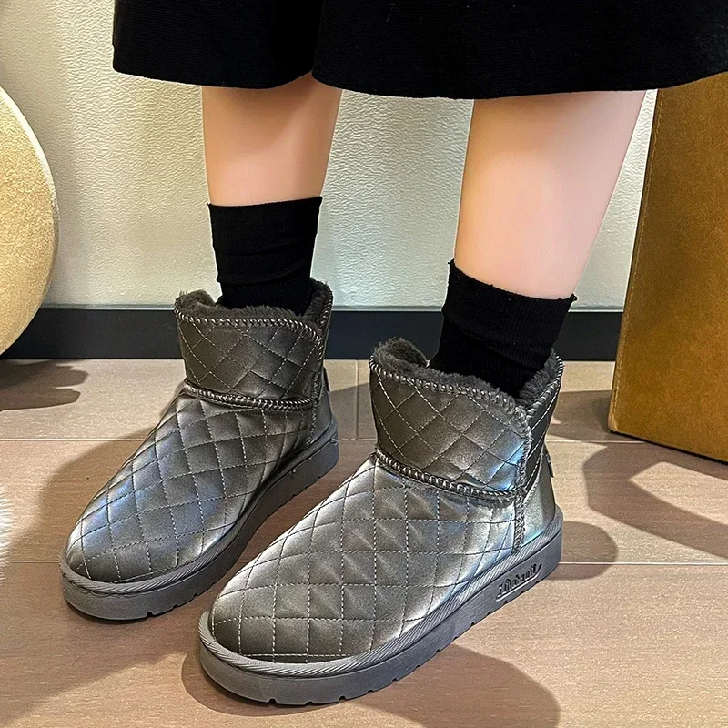 

Женские ботинки для снежной погоды, Нескользящие короткие плюшевые ботильоны, однотонные теплые зимние ботинки с круглым носком