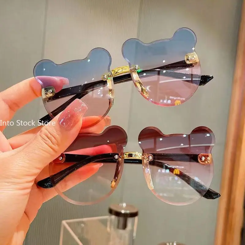 Kids Sunglasses Girls Boys Cartoon Bear Rimless Sunglasses UV400 Children Retro Round Glasses Eyeglass Outdoor Infant Ultraviolet-proof Eyewear children sunglasses
