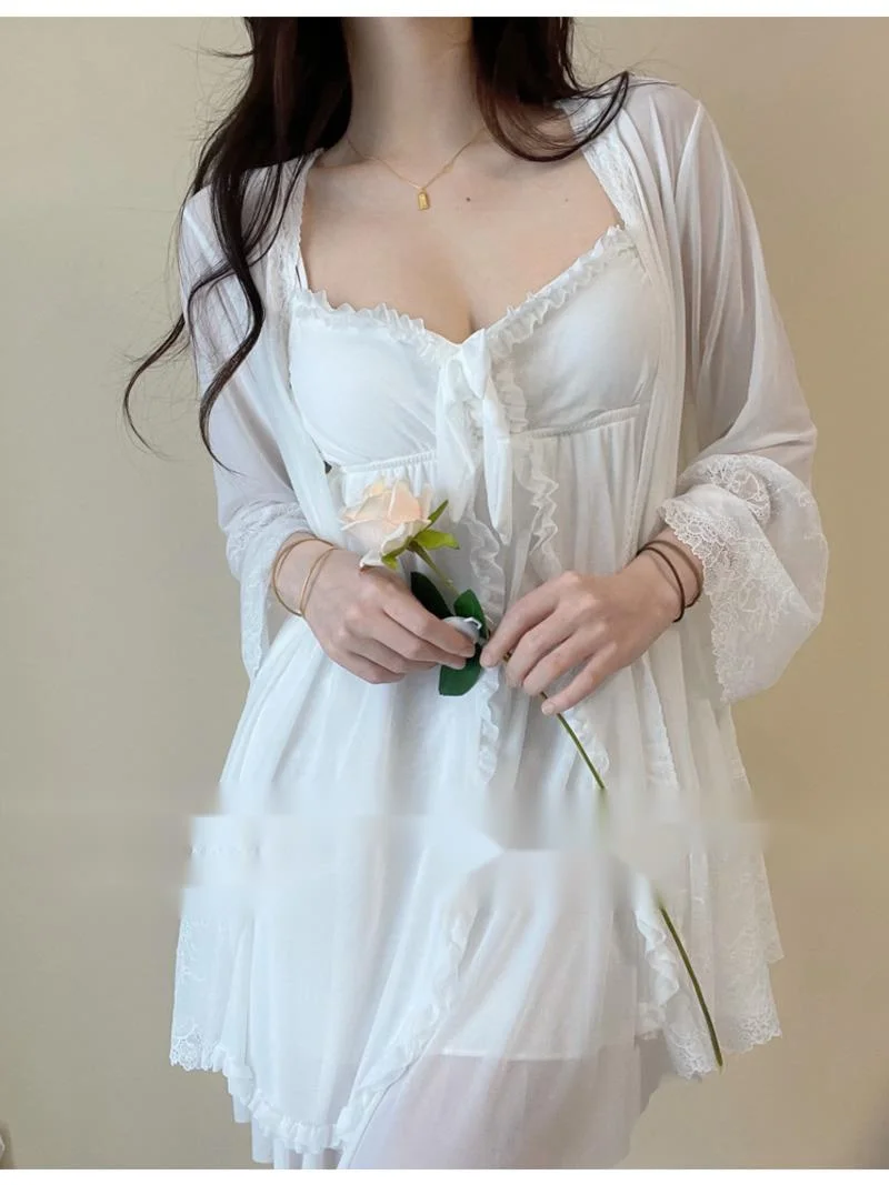 

Sexy Suspended Summer Pajama Dress with Breast Pad Female Lace Pure White Fairycore Temptation Pajamas Home Mini Dress GCNE