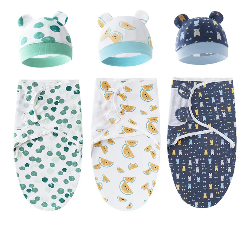 Swaddle Blanket Cotton Baby Swaddle Wrap Hat Set for Infant Adjustable Newborn 0-6 Month