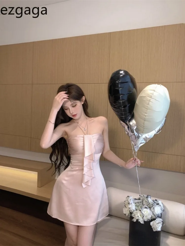 Ezgaga Woman Dress Sexy Vintage Ruffles Sleeveless Halter Slim Satin Backless Sweet Elegant Mini Dresses Ladies Party Stylish