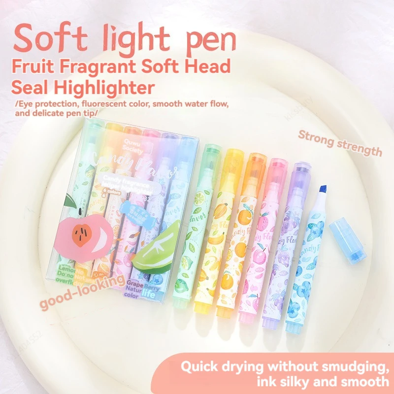 6Colors Fun Stamp Seal Highlighter Set Fragrance Chisel Tip Marker Pen Macaron Pastel Assorted Colors for Cute Kawaii Stationery