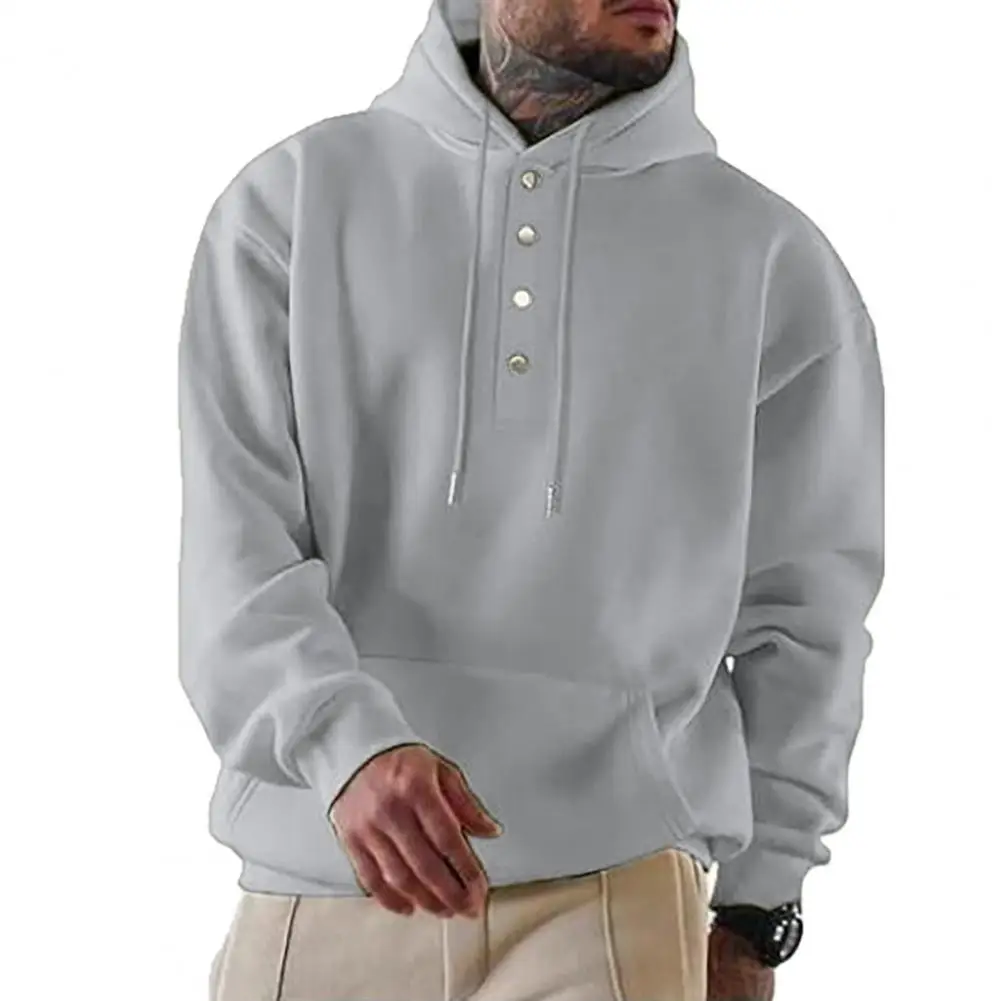 

Hooded Sweatshirt Solid Color Half Single-breasted Men's Hoodie Warm Stylish Pullover with Drawstring Button Decor Winter Fall