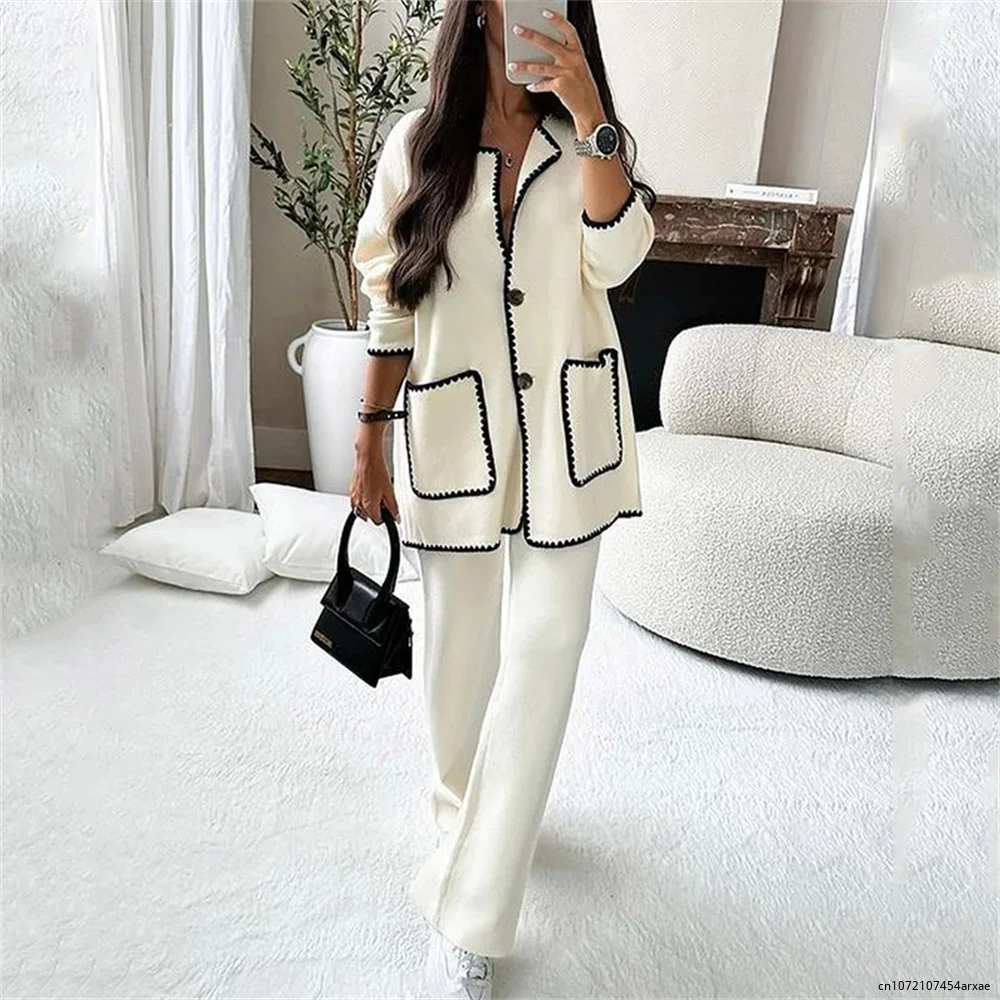 

Women Patchwork Long Sleeve Coat and Pants 2 Piece Set Autumn Single Breasted Loose Pocket Overcoat Straight Pants Home Suit