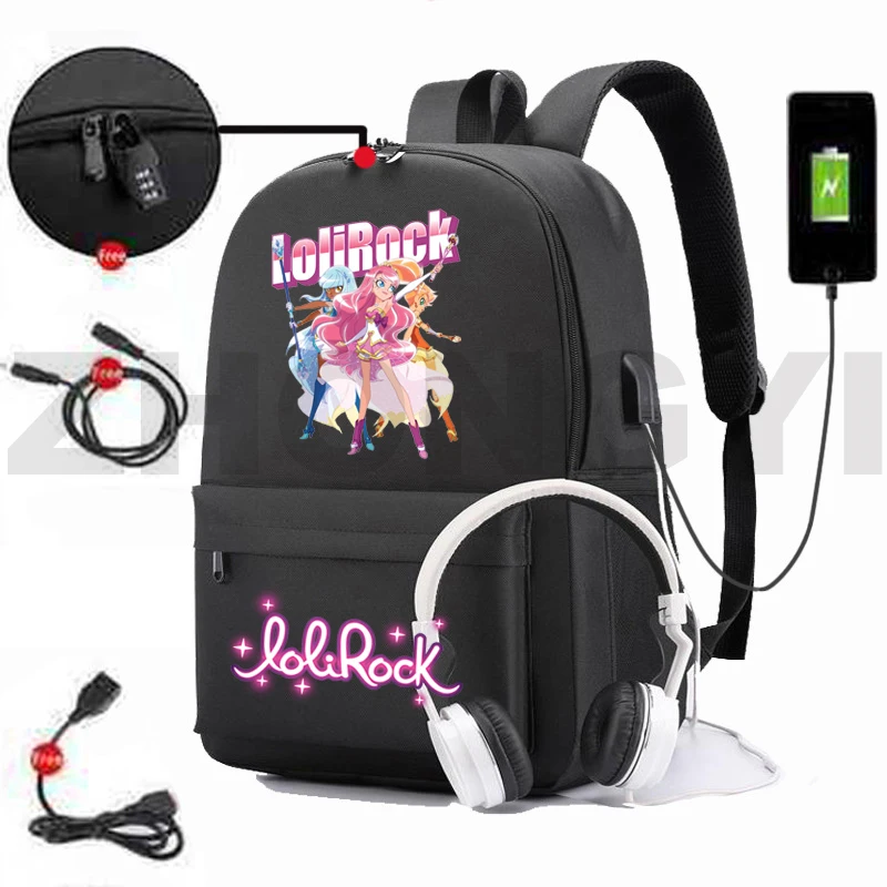 

Hot Anime USB Charging Anti-theft Lolirock Backpack Canvas Zipper Schoolbags for Teenage Girls LoliRockstar Bookbag Student