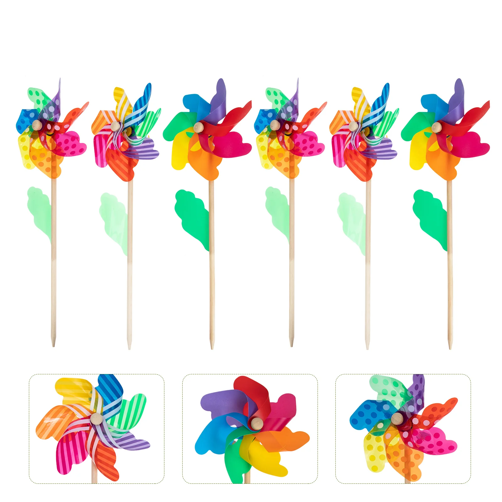 6 Pcs Colorful Wooden Rod Windmill Kids Toy Garden Decorations Plastic Pinwheels For Diy Crafts Outdoor Fun Sports Games