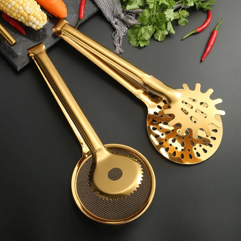 Gold Food Clip Stainless Steel Serving Tongs Oil Filter Spoon Mesh Strainer Colander for Snack Barbecue Steak Clamp Kitchen Tool