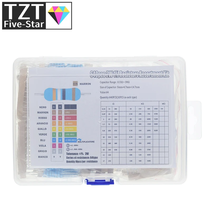 

TZT 640 шт. 2 Вт 1% 0.33R-1M 64valuesx10 шт. набор металлопленочных резисторов для Arduino