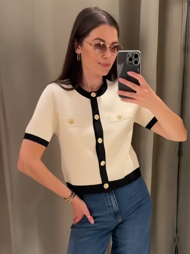 Spring New Women's Fashion and Elegance Slim Fit Versatile Knitted Spliced Short sleeved Coat