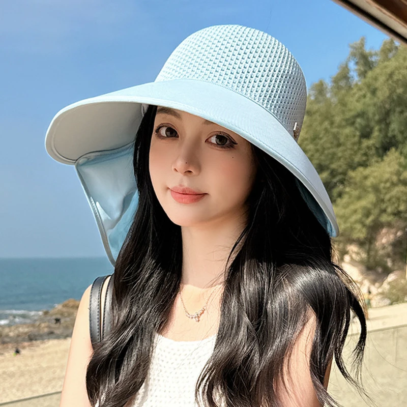 여성용 빈 상단 자외선 차단 모자, 큰 챙, 분리형 숄, UV 자외선 차단 바이저, 여름 여행 휴가 해변 해변 모자