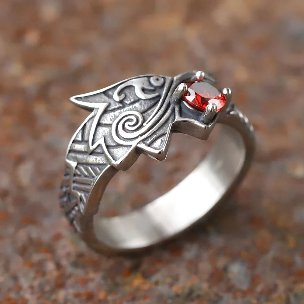 2024 new Stainless Steel Viking Dragon Ring with Red zircon Men's Fashion Vintage Animal Dragon Ring Viking Jewelry Gift
