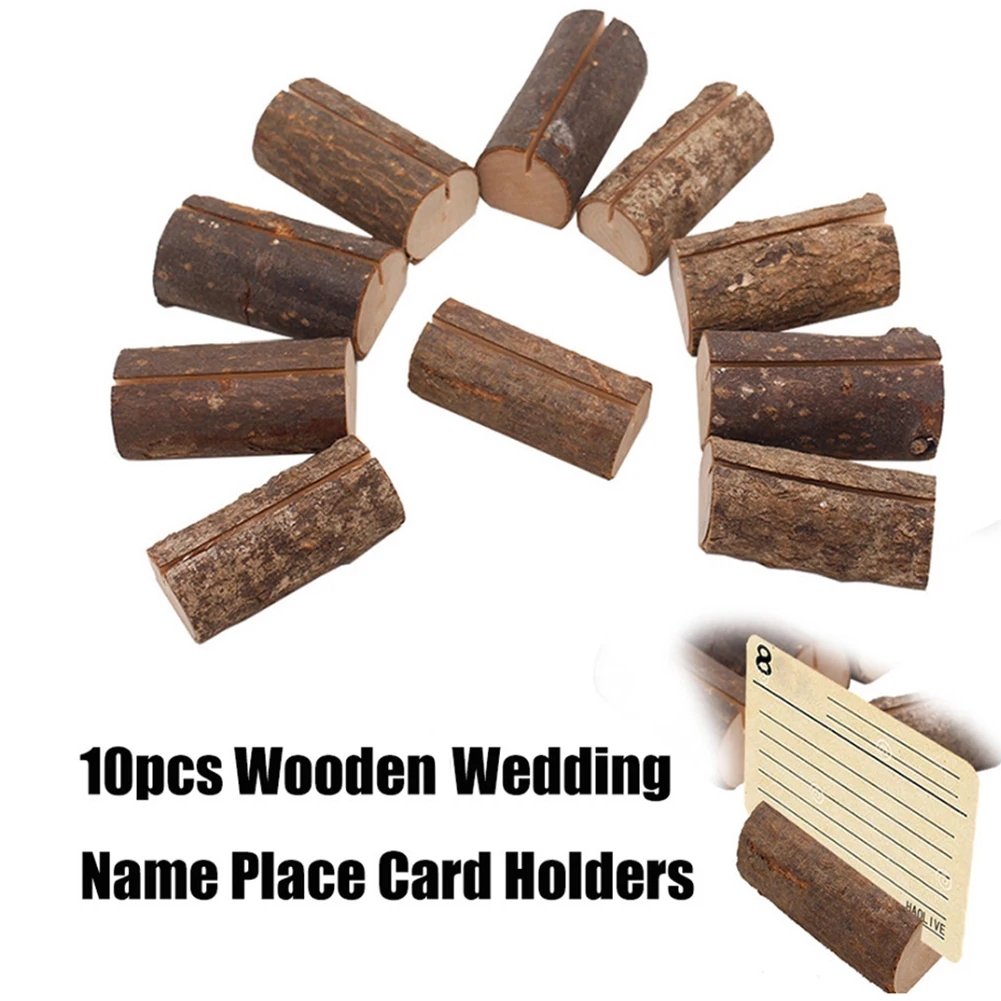 10pcs Wooden Place Name Card Holder Natural Folder Rustic Wood Table Stand Photos Menu Clip Wedding Party Decoration