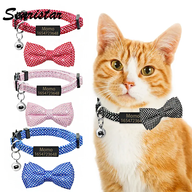 

Anti-lost Bow Tie Cat Collar Personalized Nameplate Cat Collar Bell Necklace Custom Engraved ID Name Tag Cute Bowknot Cat Collar