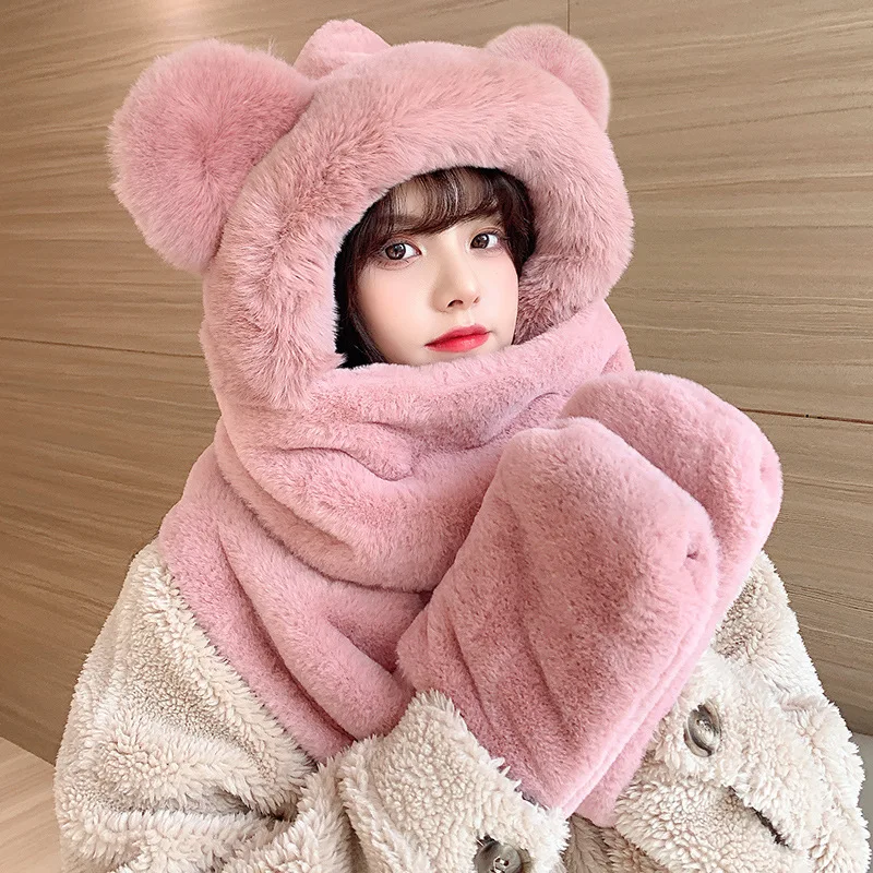 3PCSBear Hat Autumn and Winter Women Scarf Gloves one Winter Bib Cartoon Cute Warm Plush Winter Three-Piece Set 2