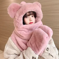 3PCSBear Hat Autumn and Winter Women Scarf Gloves one Winter Bib Cartoon Cute Warm Plush Winter Three-Piece Set 2