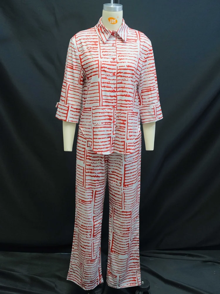 Wmstar Two Piece Set Women Wholesle Stock Clothing 2025 Summer New Printed Three Quarter Sleeve Shirt Loose Top Long Pants