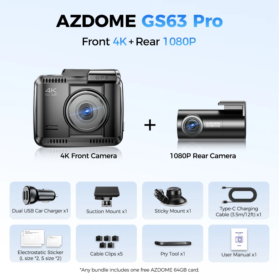 داش كام كاميرتين | أمامي بدقة 4K وخلفي FHD وذاكرة...