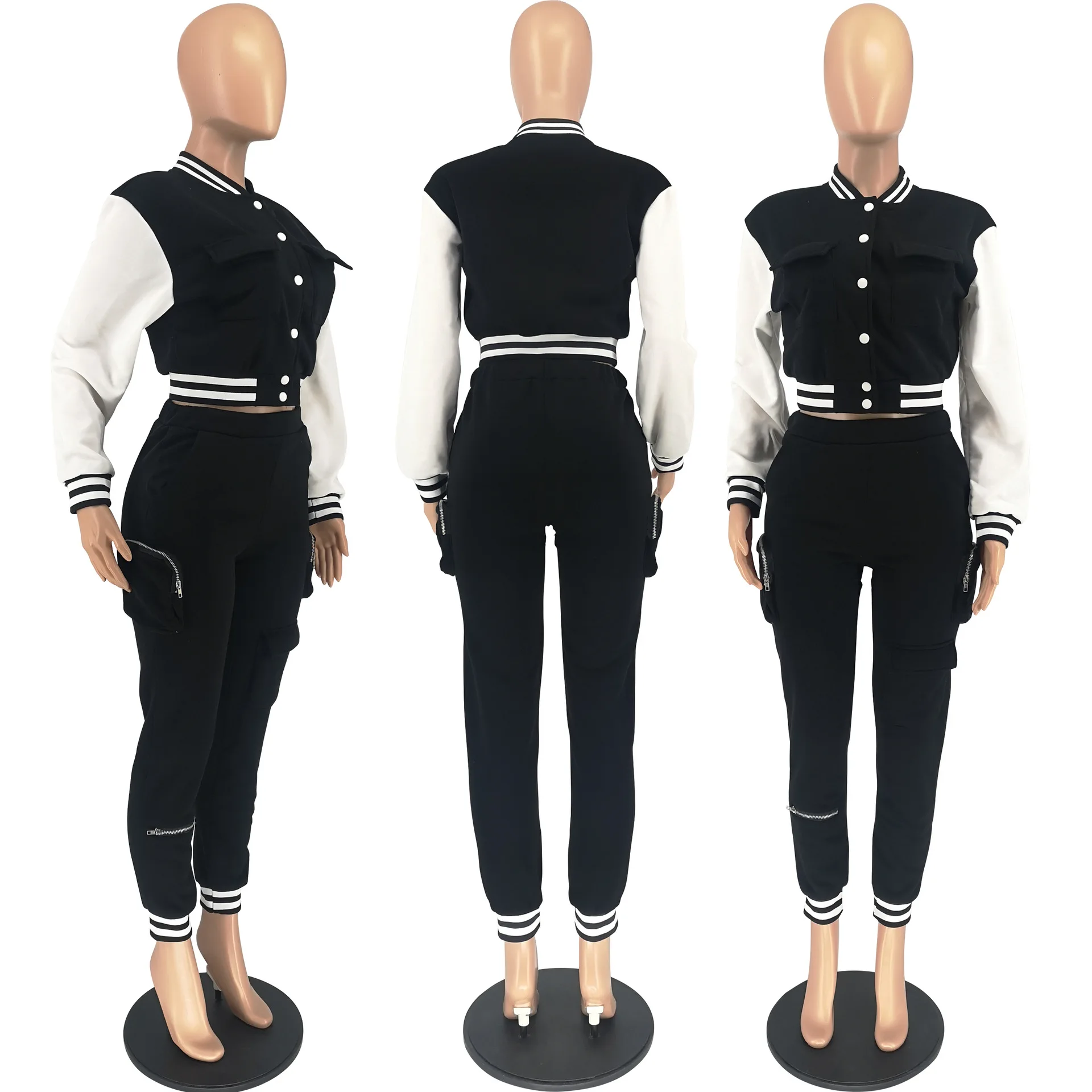 Women'S Fashionable Casual Patchwork Baseball Uniform Long Sleeve Two-Piece Sports Suit  Pocket Zippercargo Pants