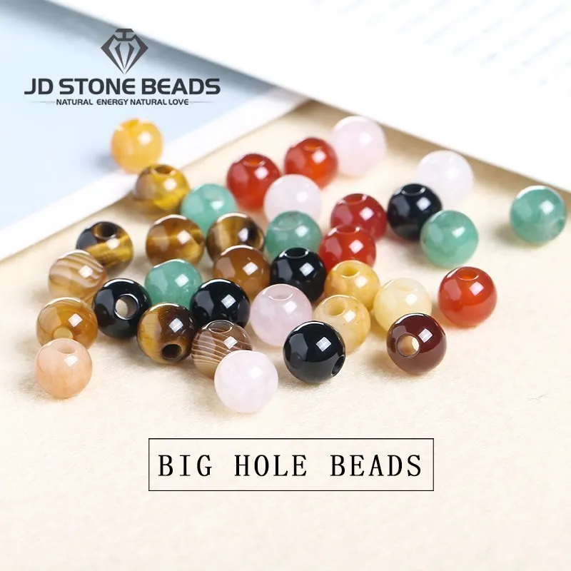 Loose Gemstone Beads 50pcs/Lot Natural Stone Big Hole Amethyst Agate Jade Round for Jewelry Making DIY Bracelet Accessory