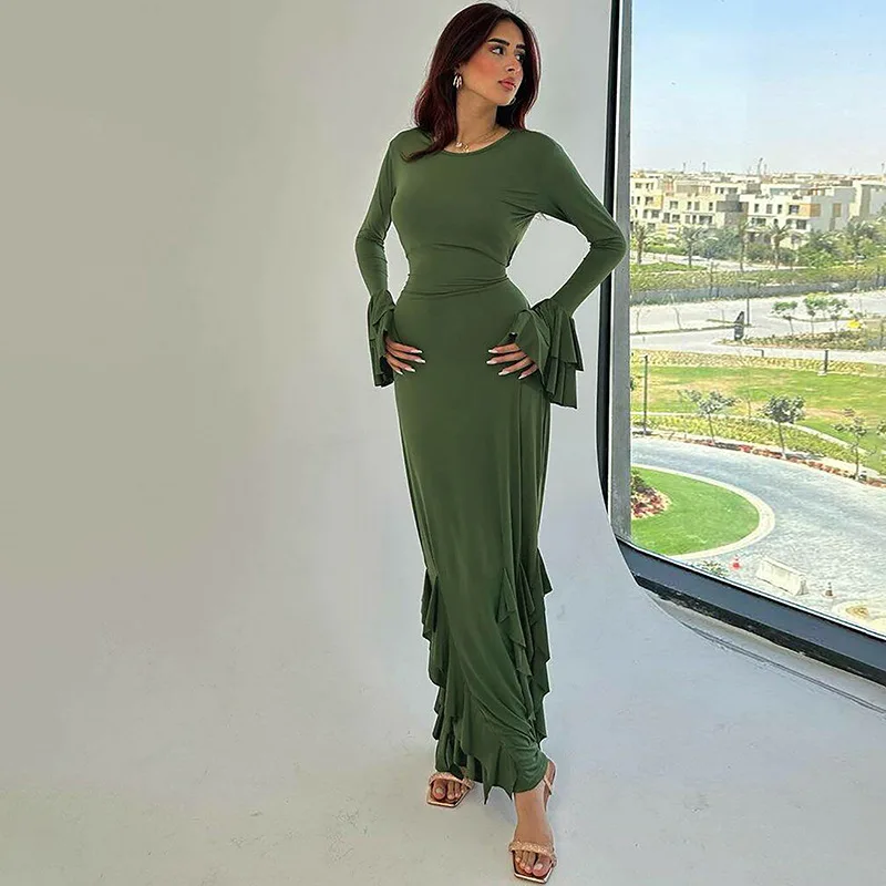 O Neck Knit Ribbed Long Sleeve Ruffles Women'S Dresses Elegant Evening Manufacturer Casual Y2K Prom Ladies Dress