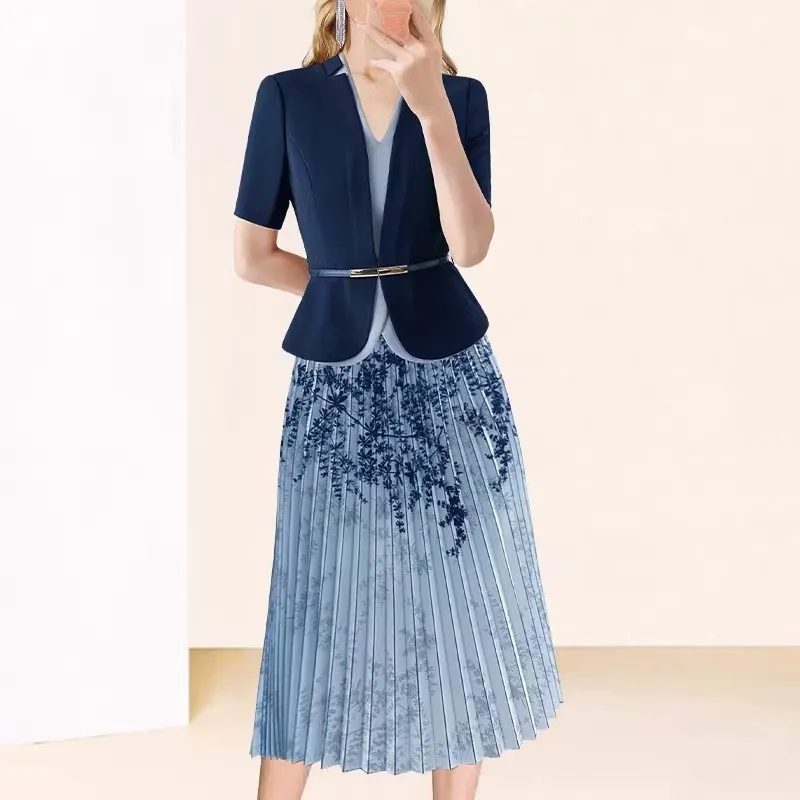 Summer Two Piece Set Outfits For Women 2023 Elegant Office Ladies Work Suit+Floral Printed Pleated Long Skirt Sets 2 Piece