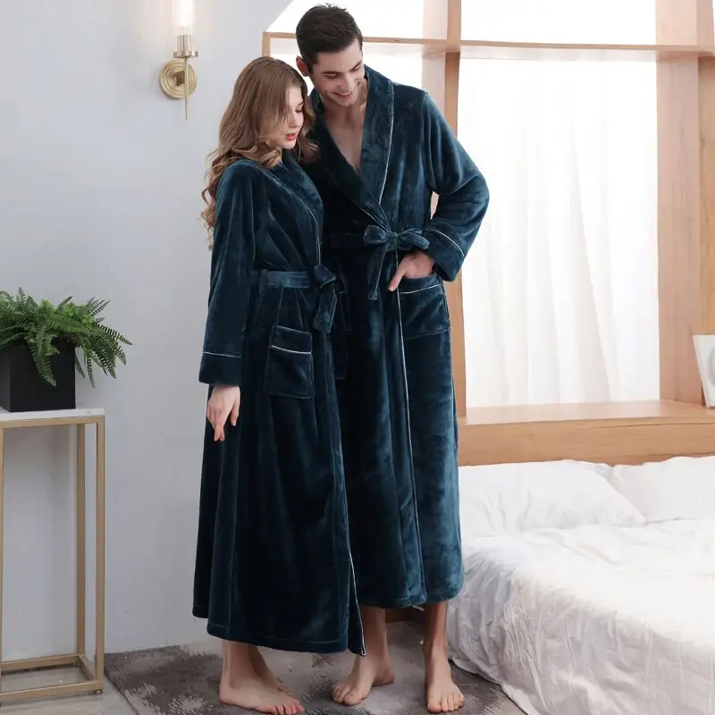 Men Luxury Winter Super Long Thick Warm Pocket Flannel Bathrobe Plus Size Fleece Kimono Bath Robe Couple Night Dressing Gown