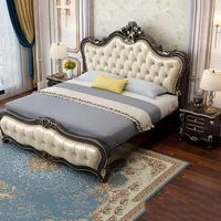 Ensemble de chambre à coucher moderne sculpté noir, ensemble de chambre à coucher en cuir et bois de princesse haute, meubles de maison de luxe humains 1