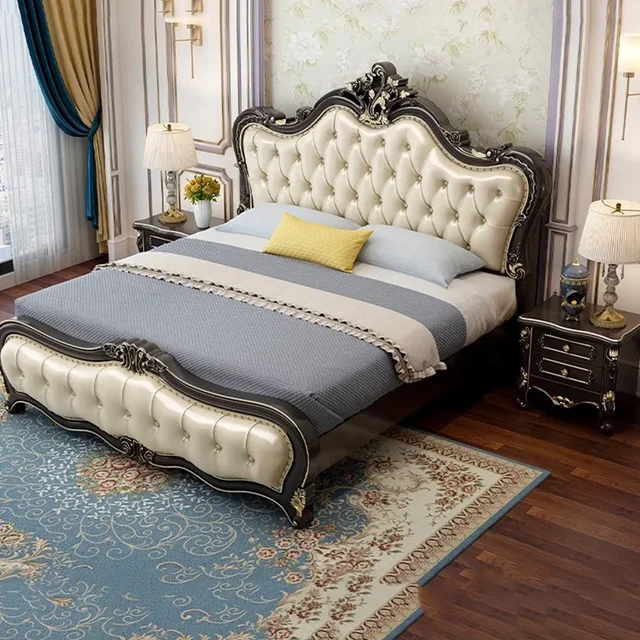 Ensemble de chambre à coucher moderne sculpté noir, ensemble de chambre à coucher en cuir et bois de princesse haute, meubles de maison de luxe humains 1