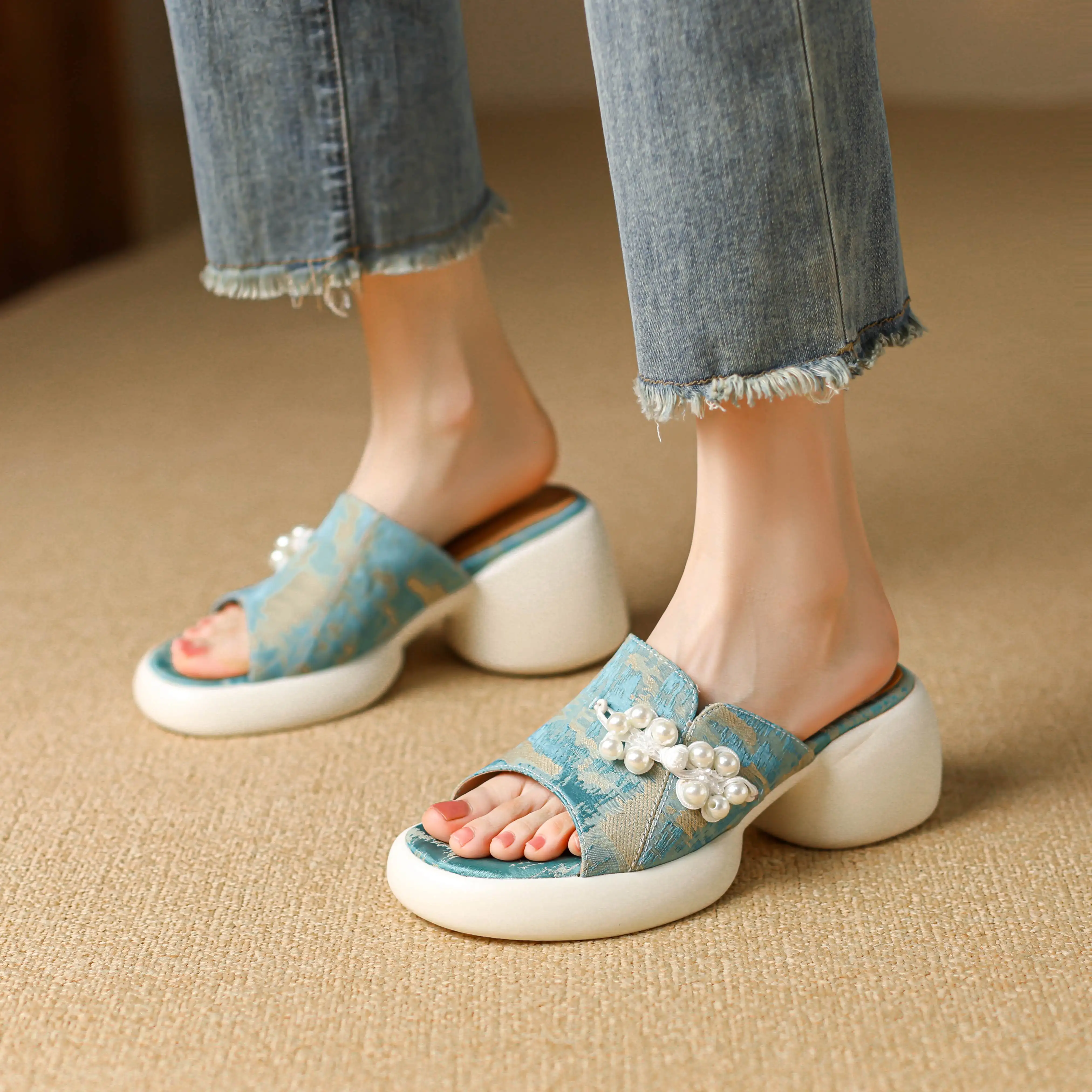 Krazing Pot Cow Split Leather Slip On Summer Shoes Slingback Mules High Heels Pearl Print Vacation Casual Platform Women Sandals