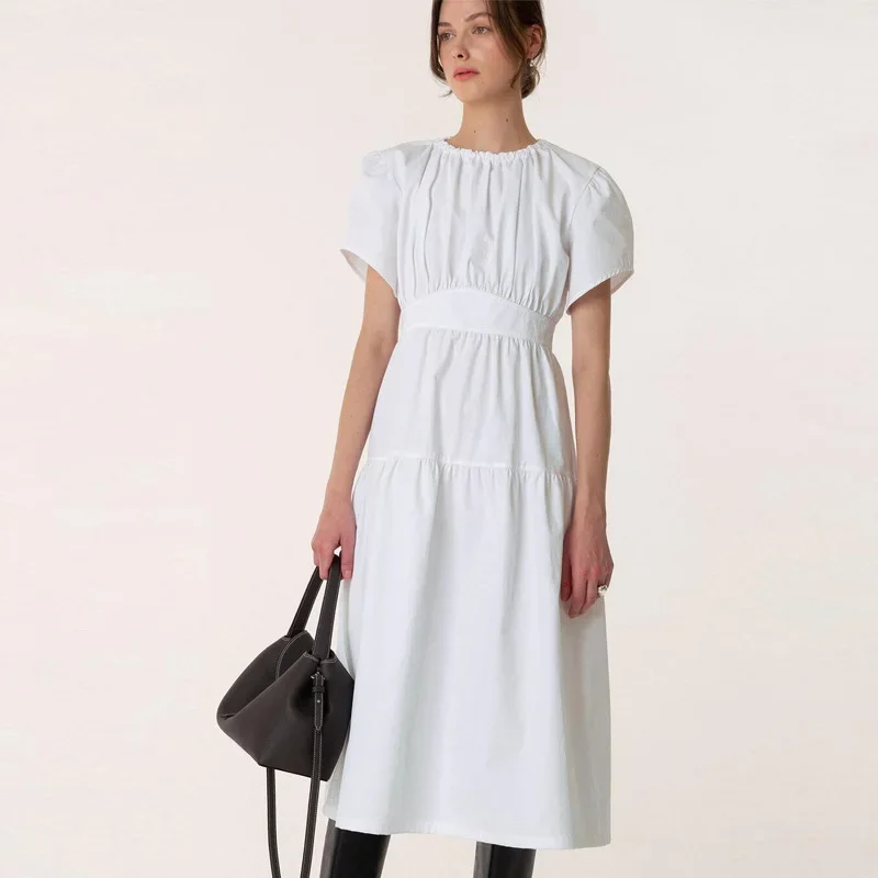 

Summer Dress Women Round Neck Short-sleeved A-line Mid-length White Dresses